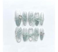 302-S Faux Ongles Long MouyouGlow,Amande 3D Papillon Fée Bow Ruban Strass Bling Y2K Resuable Press on Nails avec Colle à Ongles,Blue Tips Fake Nails