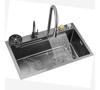 304 Acier Inoxydable Pas De Pluie Cascade Évier Maison Évier Bassin De Légumes Évier Unique Poste De Travail avec Robinet Coulissant, Black, 75×45×21cm