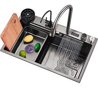 304 Évier de cuisine en acier inoxydable avec robinet à eau à eau pour simple bol design large noir évier avec planche à chopping & Cup Washer - 80 x 46 x 22 cm