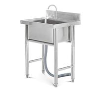 304 Stainless Steel Commercial Kitchen Sink - Freestanding Single Bowl with Drainer & Tap Square Design for Bar & Restaurant 50 x 50 x 90 cm