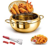 304 Stainless Steel Deep Fryer Pot with Thermometer & Oil Rack (Golden,11in)
