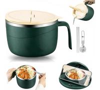 304 Stainless Steel Multi-Purpose Anti-Scald Large-Capacity Instant Noodle Bowl, 1200ml Double-Layer Thermal Insulation Instant Noodle Bowls, Portable Ramen Cooker Bowls with Phone Holder (Green)