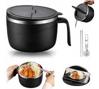 304 Stainless Steel Multi-Purpose Anti-Scald Large-Capacity Instant Noodle Bowl, 1200ml Double-Layer Thermal Insulation Instant Noodle Bowls, Portable Ramen Cooker Bowls with Phone Holder (Black)