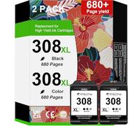 308XL 308 Lot de 2 cartouches d'encre compatibles avec les imprimantes HP Envy 6110e, 6120e, 6122e, 6130, 6132e, 6532e (2 noires)
