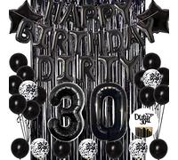 30ème anniversaire décorations noir - 30 ballons et décorations de gâteaux sales, bannière, ballons de confettis étoiles noires, rideau à franges en aluminium pour hommes femmes