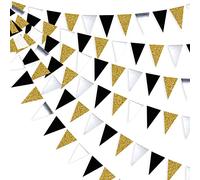 30Ft Or Noir Argent Drapeau Triangle de Papier Guirlande Doré Paillettes Argenté Noir Miroir Double-Face Fanions Bannière Décorations pour Anniversaire Bapteme Mariage Diplômé Retraite de fête Decor