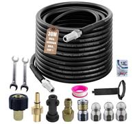 30M Déboucheur Canalisation Haute Pression,compatible avec Kärcher k2-k7, Lavor, Bosch, 400 Bar / 5800PSI Tuyau Nettoyeur Haute Pression, Kit Nettoyage Pro avec 4 Buses et 2 Adaptateurs