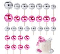 30pcs Décorations de Cupcakes Boule Disco, Décorations Gâteau Rétro des Années 70 avec Bâton Mini Pics Boule Disco Brillants Fournitures Fête Disco pour Dessert Anniversaire (Rose, Argent)