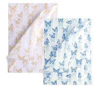 30pcs Feuilles de Papier de Soie Papillon, 35x50cm Or & Bleu Papier de Soie Emballage pour Noël Mariage Fête d'Anniversaire Baby Showers Bricolage Arts (Fond Blanc)