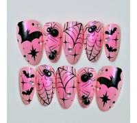 30Pcs Halloween Press On Nai1s Pink Bat Design ABS Materiales False Nai1s For Party Costume Bat Heart ABS Nail Art