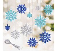 30pcs Ornement Sapin de Noël Flocon de Neige, Flocon de Neige à Paillettes Suspendu pour Décorations Arbre de Noel et Guirlande (Bleu, Bleu Clair, Argent)