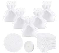 30PCS Sachets Jute Sac Cadeau,8x10cm Jute Wedding Favor Bags with 30PCS Tulle Organza Veils and 22M Satin Ribbon Décoratif for Fête Anniversaire Noël Mariage (Blanc)