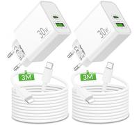 30W 2-Port Rapide Chargeur + 3M Long Câble pour iPhone 14/13/12/11 Pro Max Plus Mini SE, iPhone XS XR X 8 7,AirPods, Prise USB C et USB A PD Adaptateur Alimentation avec 3M Type C to L Câble 4-Pack
