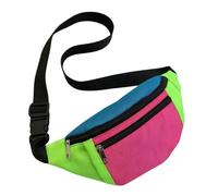 30x15cm 80s 90s Neon Fanny Pack with Adjustable Belt, 2 Zipper Pocket | Retro 80s 90s Bright Neon Color Blocked Design, Water Resistant Nylon with Two Zippered Pockets, Adjustable Belt Fits 18.8