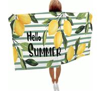31"X62" Serviette de plage en microfibre ultra douce à imprimé aquarelle de citron et rayures "Bonjour l'été", très absorbante et séchage rapide, convient aux enfants, femmes et adultes, rayures verte