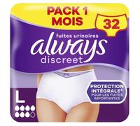 Always Discreet, 32 Culottes Incontinence Femme, Plus 6 Gouttes, Sous-Vêtements Taille L, Blanc, Protection Très Absorbante pour Fuites Urinaires Importantes ou post accouchement, Pack 1 Mois