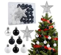 32 Pcs Boule de Noel, 3cm Mini Ensemble de Decoration Noël, Décorations de Noël Incassables à Suspendre avec Étoile pour Décoration, Blanc et Noir