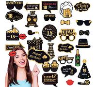 32 pièces Accessoire Photobooth Anniversaire 18 Ans Or Noir,Kit Anniversaire Moustache Lunettes Masque Accessoire Photo,Photo Booth Props pour Fête d'anniversaire Mariage Halloween Disco