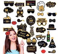 32 pièces Accessoire Photobooth Anniversaire 30 Ans Or Noir,Kit Anniversaire Moustache Lunettes Masque Accessoire Photo,Photo Booth Props pour Fête d'anniversaire Mariage Halloween Disco