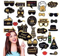 32 pièces Accessoire Photobooth Anniversaire 40 Ans Or Noir,Kit Anniversaire Moustache Lunettes Masque Accessoire Photo,Photo Booth Props pour Fête d'anniversaire Mariage Halloween Disco