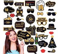 32 pièces Accessoire Photobooth Anniversaire 50 Ans Or Noir,Kit Anniversaire Moustache Lunettes Masque Accessoire Photo,Photo Booth Props pour Fête d'anniversaire Mariage Halloween Disco