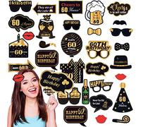 32 pièces Accessoire Photobooth Anniversaire 60 Ans Or Noir,Kit Anniversaire Moustache Lunettes Masque Accessoire Photo,Photo Booth Props pour Fête d'anniversaire Mariage Halloween Disco