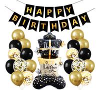 32 Pièces Decoration Anniversaire Noir et Or, Ballon noir et Doré, avec Ballon noir Et Doré Confettis, Banderole Joyeux Anniversaire, Deco pour Adulte Enfant