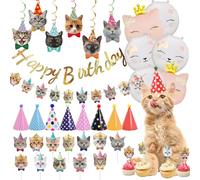 32 Pièces Décorations Anniversaire Chat Plusieurs Styles de Decoration Anniversaire Chat Mignonde Happy Birthday Decoration pour Fête sur le Thème des Chats aux Enfants et aux Animaux de Compagnie