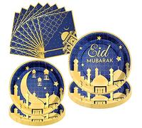 32 Pièces Set de Vaisselle de Eid Ramadan Mubarak Fournitures pour Fête de l'Aïd Mubarak,Assiettes et Serviettes en Papie Étoile Lune pour Eid Islam Fêtes Musulmane Dîner Dessert Assiete Décoration