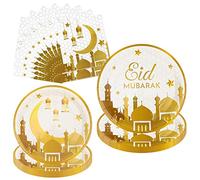 32 Pièces Set de Vaisselle de Eid Ramadan Mubarak Fournitures pour Fête de l'Aïd Mubarak,Assiettes et Serviettes en Papie Étoile Lune pour Eid Islam Fêtes Musulmane Dîner Dessert Assiete Décoration