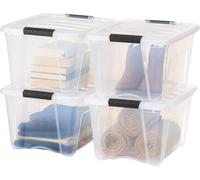 32 Qt Stackable Plastic Storage Bins with Lids, BPA-Free, Made in USA - See-Through Organizing Solution, Latches, Durable Nstable Containers, Secure Pull Handle - Clear