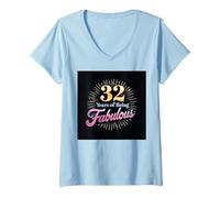 32 Years of Being Fabulous Cadeau d'anniversaire T-Shirt avec Col en V, Femme, Bleu Céleste, XL