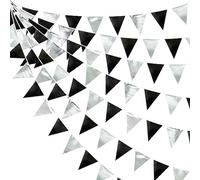 32Ft Décorations de fête Noires et Argentées Tissu métallique Triangle Fanion Bannière Drapeau Guirlande de banderoles pour Anniversaire Bapteme Mariage evjf Diplômé Halloween Disco Soiree Fournitures