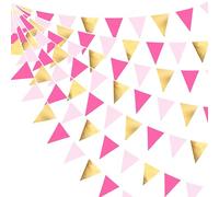 32Ft Dorée et Rose Fanions Guirlande Bannière Décoration de Fête Rose Vif et Or Tissu Triangle Drapeau Banderole pour Anniversaire Bapteme Mariage Maison Jardin Intérieur et Extérieur Decor Suspendue