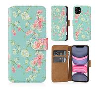 32nd Floral Series 2.0 - Étui Portefeuille en Cuir PU Design Floral pour Apple iPhone 11 (6.1"), Housse Concevoir avec Fentes CB et Fermeture Magnétique - Printemps Bleu