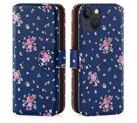 32nd Floral Series 2.0 - Étui Portefeuille en Cuir PU Design Floral pour Apple iPhone 13 Mini (5.4"), Housse Concevoir avec Fentes CB et Fermeture Magnétique - Rose Retro Indigo