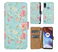 32nd Floral Series 2.0 - Étui Portefeuille en Cuir PU Design Floral pour Motorola Moto E7i Power, Housse Concevoir avec Fentes CB et Fermeture Magnétique - Printemps Bleu