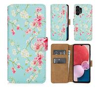 32nd Floral Series 2.0 - Étui Portefeuille en Cuir PU Design Floral pour Samsung Galaxy A13 4G (2022) & A04S (2022), Housse Concevoir avec Fentes CB et Fermeture Magnétique - Printemps Bleu