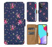 32nd Floral Series 2.0 - Étui Portefeuille en Cuir PU Design Floral pour Samsung Galaxy A52, A52 5G & A52S 5G, Housse Concevoir avec Fentes CB et Fermeture Magnétique - Rose Retro Indigo