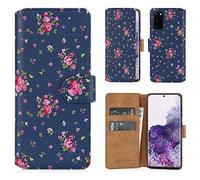 32nd Floral Series 2.0 - Étui Portefeuille en Cuir PU Design Floral pour Samsung Galaxy S20, Housse Concevoir avec Fentes CB et Fermeture Magnétique - Rose Retro Indigo