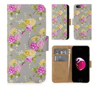 32nd Floral Series - Étui Portefeuille en Cuir PU Design Floral pour Apple iPhone 7, 8, SE (2020) & SE (2022), Housse Concevoir avec Fentes CB et Fermeture Magnétique - Rose Retro Gris