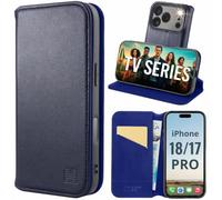 32nd Série Classique 2.0 - Étui Portefeuille en Cuir Véritable Coque pour iPhone 17 Pro (6.3"), Housse avec Blocage RFID Fente CB, Fermeture Magnétique et Fonction de Support - Bleu Marine