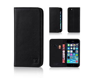 32nd Série Classique - Étui Portefeuille en Cuir Véritable pour Apple iPhone 5, 5S & SE (2016), Housse Concevoir avec Fentes CB et Fermeture Magnétique - Noir
