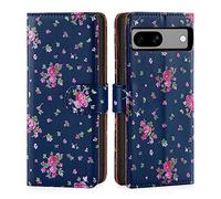 32nd Série Florale 3.0 - Étui Portefeuille en Cuir PU Design Coque pour Google Pixel 7A, Housse avec Blocage RFID Fentes CB, Fermeture Magnétique et Fonction de Support - Rose Retro Indigo