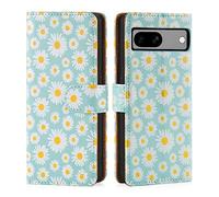 32nd Série Florale 3.0 - Étui Portefeuille en Cuir PU Design Coque pour Google Pixel 7A, Housse avec Blocage RFID Fentes CB, Fermeture Magnétique et Fonction de Support - Marguerite Bleue