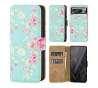 32nd Série Florale 3.0 - Étui Portefeuille en Cuir PU Design Coque pour Google Pixel 8 Pro, Housse avec Blocage RFID Fentes CB, Fermeture Magnétique et Fonction de Support - Printemps Bleu
