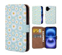 32nd Série Florale 3.0 - Étui Portefeuille en Cuir PU Design Coque pour iPhone 16 (6.1"), Housse avec Blocage RFID Fentes CB, Fermeture Magnétique et Fonction de Support - Marguerite Bleue