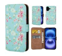 32nd Série Florale 3.0 - Étui Portefeuille en Cuir PU Design Coque pour iPhone 16 (6.1"), Housse avec Blocage RFID Fentes CB, Fermeture Magnétique et Fonction de Support - Printemps Bleu