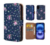32nd Série Florale 3.0 - Étui Portefeuille en Cuir PU Design Coque pour iPhone 16 (6.1"), Housse avec Blocage RFID Fentes CB, Fermeture Magnétique et Fonction de Support - Rose Retro Indigo