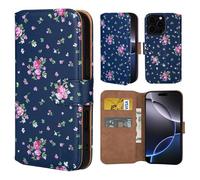 32nd Série Florale 3.0 - Étui Portefeuille en Cuir PU Design Coque pour iPhone 16 Pro Max (6.9"), Housse avec Blocage RFID Fentes CB, Fermeture Magnétique et Fonction de Support - Rose Retro Indigo